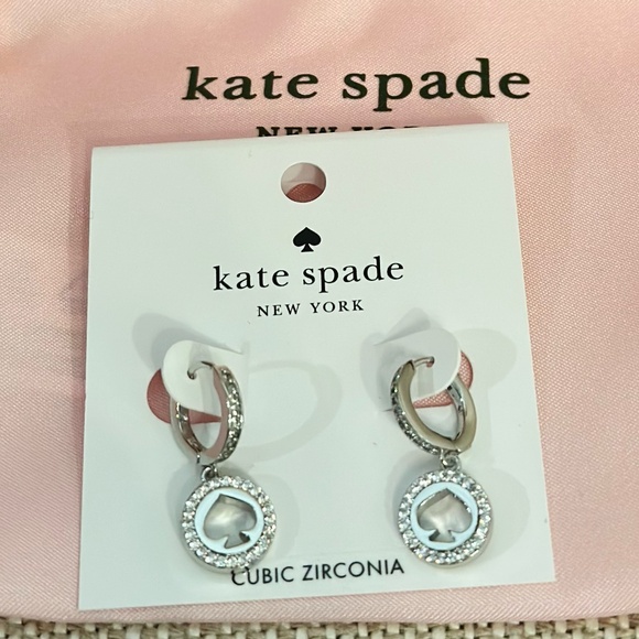 NEW Kate Spade Spot The Spade Pave Huggies Drop Dange Earrings Silver Clear - Picture 2 of 8
